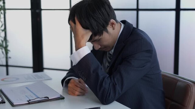 Stressed businessman holding head hard working in office