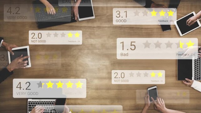Team Collaboration and Feedback Evaluation in a Business Meeting with Digital Devices on a Wooden Table Gluon.