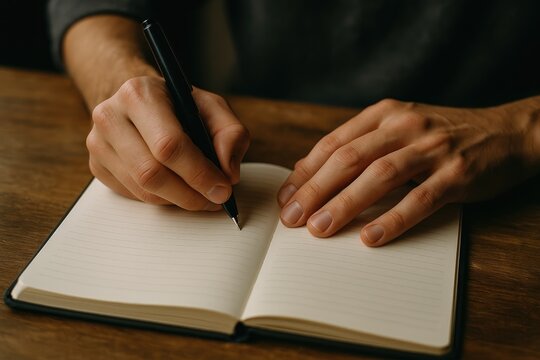 Man's hands writing with a pen in a lined journal on a wooden desk, journaling ideas hands.