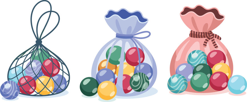 Three colorful bags filled with assorted marbles in mesh, cloth, and drawstring styles symbolizing play, collection, variety, and childhood games