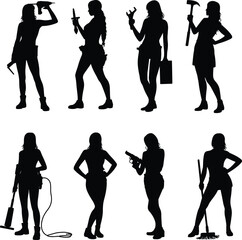 Obraz premium Women Worker Silhouette Icons Set Featuring Construction Tools, Cleaning Equipment, and Empowerment Poses for Occupational and Domestic Design