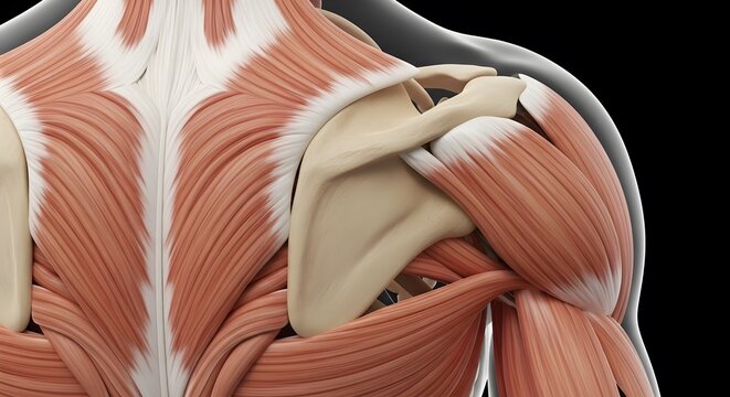 Detailed 3D rendering of the human posterior shoulder, showing the scapula, deltoid, and trapezius muscles on a dark background