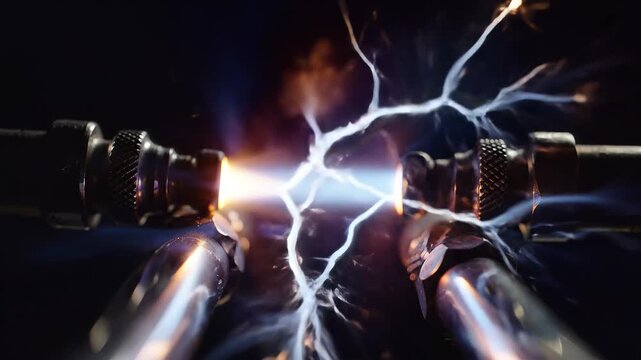 Electricity arcing between metal electrodes in a dark environment.