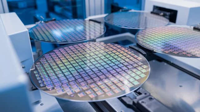 Green nano technology wafer production line robotics automated handling semiconductor silicon microchip circuit cleanroom manufacturing reflecting