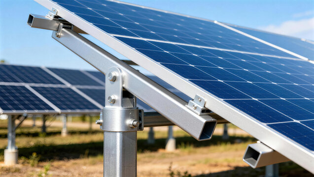Photovoltaic solar panels mounted on metal support structures in an outdoor solar farm, showcasing renewable energy technology for electricity generation.