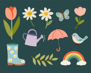 Spring Garden Elements in Flat Style for Seasonal Decor
