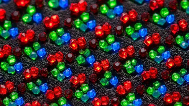Green nano technology glowing microled array of red blue green LED diodes and micro crystals textured black surface emitting vibrant reflective