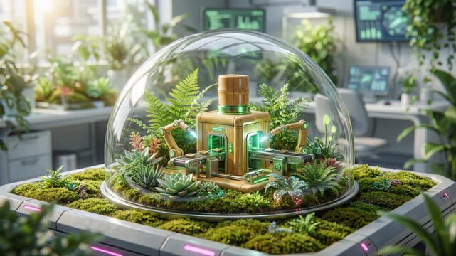 Green nano technology terrarium dome laboratory miniature ecosystem research device showcasing sustainable plant factory with mossy succulents