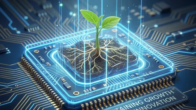 Green nano technology seedling sprout with roots growing on glowing circuit board microchip plant root soil green sustainable innovation circuit