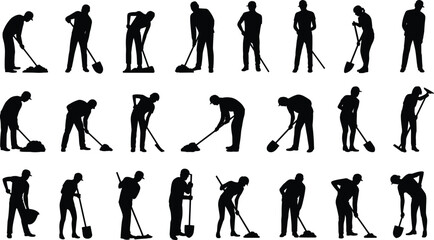 Worker silhouettes, shoveling and sweeping illustration, broom and shovel art, manual labor concept, occupational posture design, industrial workforce representation © MstParvin