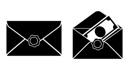 Two stylized envelope designs with circular stamp and scissor cut variations Vector, illustration