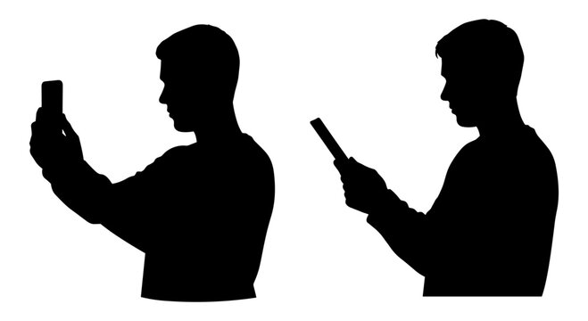 Two individuals taking selfies with smartphones in contrasting styles Vector, illustration