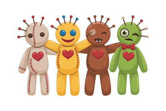 A group of colorful voodoo dolls with hearts on their chests standing together