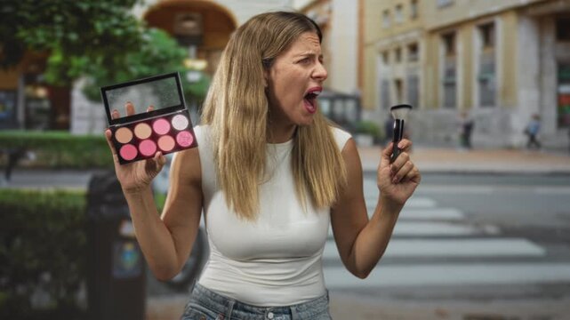 Woman holding pink eyeshadow palette and powder brush, mouth open yelling while standing on a busy street crosswalk in city center; frustration.