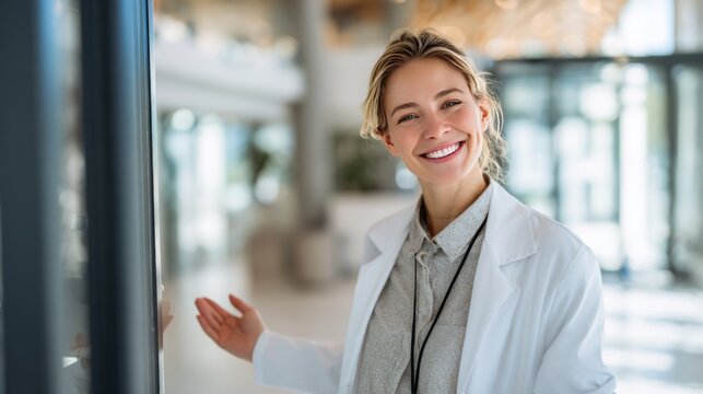 A modern medical entrepreneur opening the door to a bright and elegant office, smiling, wearing a medical outfit, inviting gesture, natural light, feeling of new beginnings and professionalism