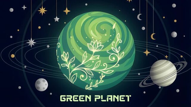 Green nano technology planet with floral pattern orbiting stars and swirling patterns in space eco innovation