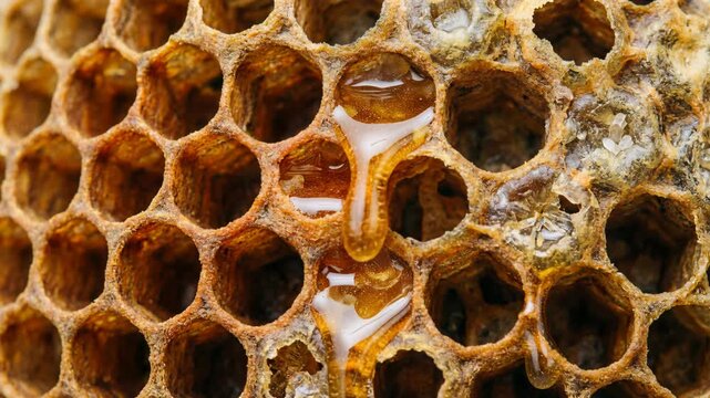 Green nano technology honeycomb closeup with golden honey dripping from wax cells and beehive pattern showing organic texture and bee brood detail