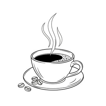Coffee Splash Cup Illustration Vector &ndash; Hand Drawn Espresso Mug with Beans Line Art Design