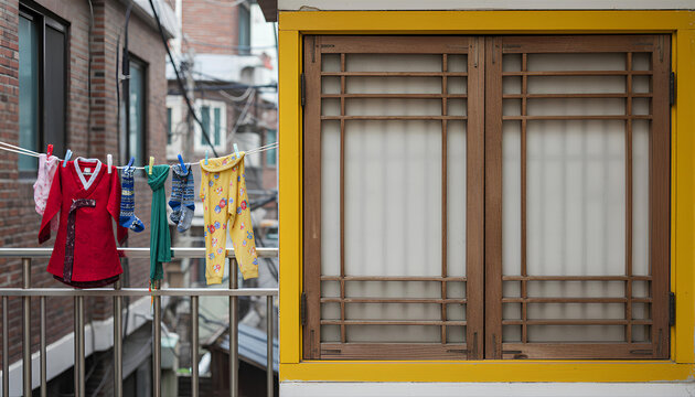 Traditional Korean Hanbok and Laundry Drying Outside Urban Window