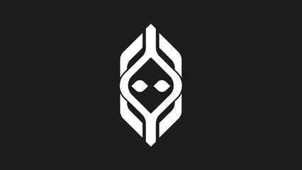 Abstract white symbol with two eyes on black background.