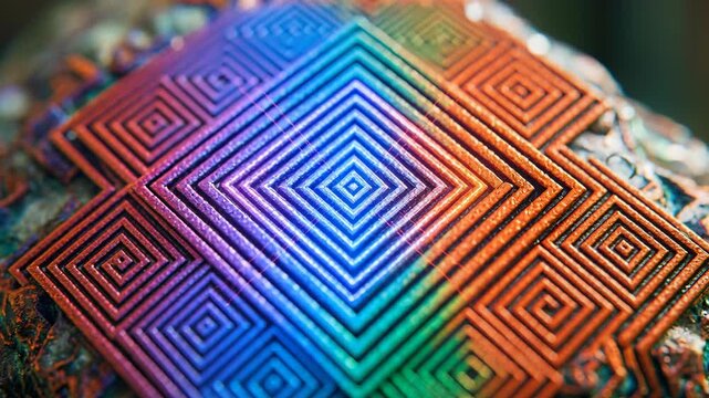 Green nano technology inspired circuit pattern closeup macro texture iridescent mineral surface with vibrant blue green orange glowing futuristic