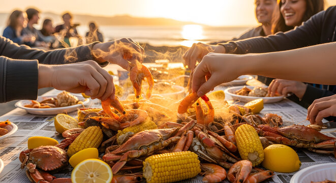 People reaching for steamed crabs, shrimp, and corn on a table covered in newspaper during a sunset beach gathering