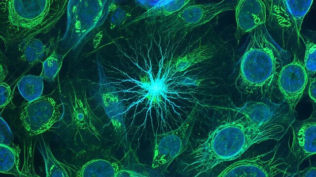 Green nanotechnology highlights cellular network with glowing mitochondrion and nucleus vivid fluorescent microscopy inspired fluorescent cell
