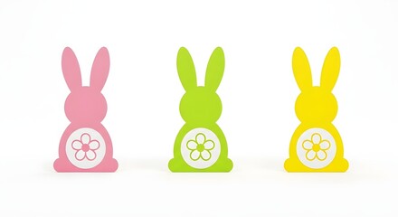 Three colorful bunny figures with easter eggs on their bellies