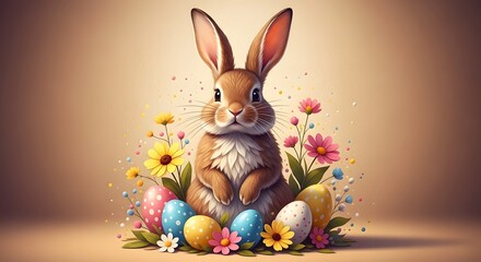 Easter bunny surrounded by colorful eggs and flowers