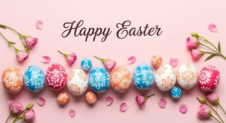 Easter celebration with decorated eggs and floral elements