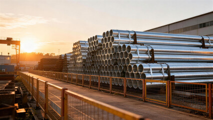 Industrial warehouse scene with neatly stacked galvanized steel pipes at sunset. Captures manufacturing, storage, and industrial infrastructure elements.