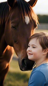 Young girl with Down syndrome leaning her head against a horse's face, animal therapy, gentle connection, inclusive interaction.