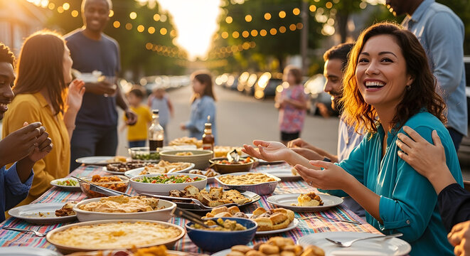 A cheerful group of diverse people sharing a large meal at a long table during a community block party under golden hour light