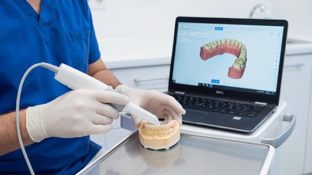 Dental professional and digital dental technician and clinician use handheld intraoral scanner to create accurate digital impression and diagnostic