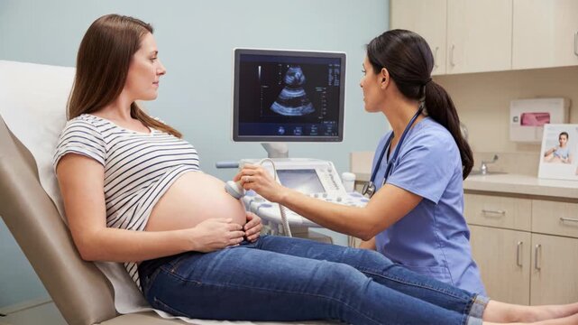 Pregnant woman undergoing medical diagnostic ultrasound scan with fetal heartbeat and fetal heart monitor clinic showing waveform with caring medical