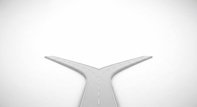 A road diverges into three paths presenting a choice and decision at the crossroads viewed from directly above