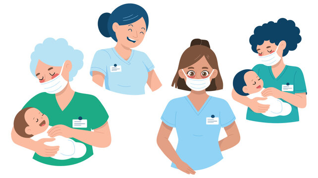 Nurse holding newborn baby in hospital with medical staff wearing face masks