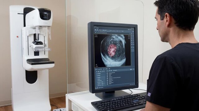 Radiologist reviewing diagnostic mammogram workstation and breast diagnostic sensor vdo medical screening workstation highlighting suspicious lesion