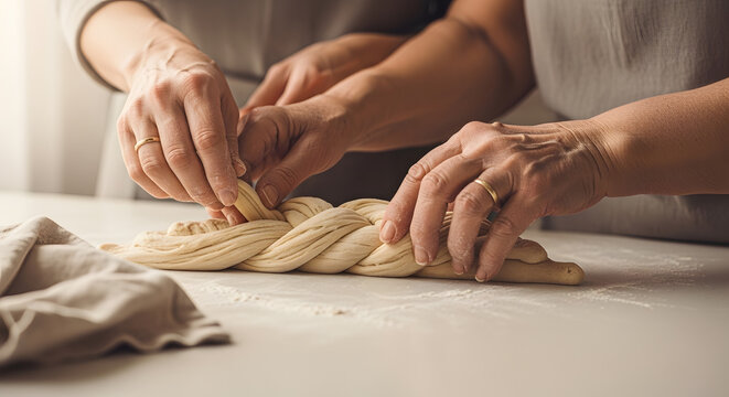 Four hands working together on a floury surface to twist and weave dough into a beautiful braided pattern for baking