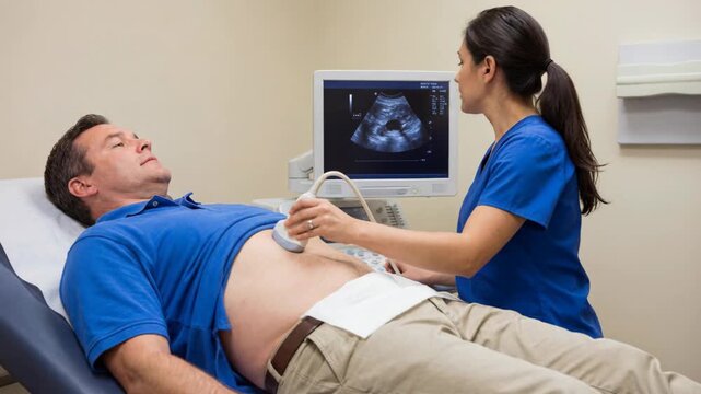 Ultrasound abdomen medical diagnostic sensor patient technician clinic male patient receiving abdominal diagnostic ultrasound with medical sensor