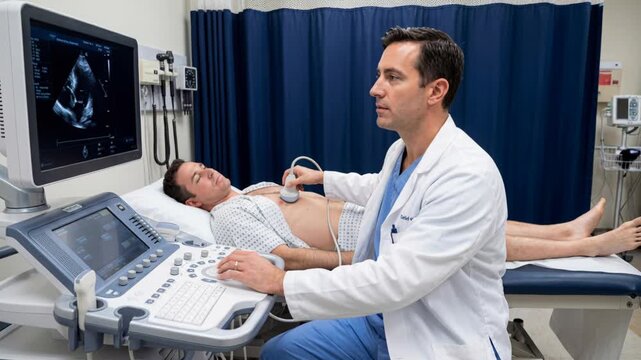 Male patient cardiac medical diagnostic ultrasound with sensor probe chest as doctor cardiologist operates imaging system creating heart imaging