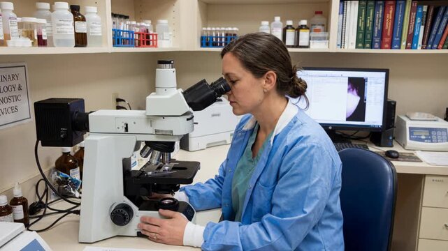 Laboratory veterinarian microscope medical diagnostic pathologist clinic sample laboratory scientist examining tissue diagnostic microscope sensor