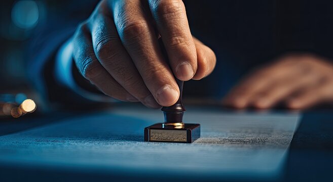 Close-up of a hand stamping a document with a seal.