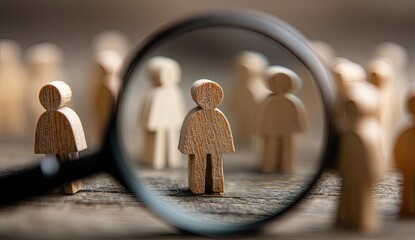 Magnifying glass focuses on a single wooden figurine amidst others