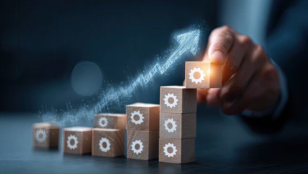 Business Growth Concept - Hand Stacking Blocks with Upward Arrow and Gears.