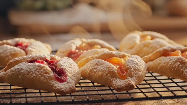 Freshly baked homemade fruit galettes with powdered sugar cooling on a wire rack for delicious dessert concept and rustic baking