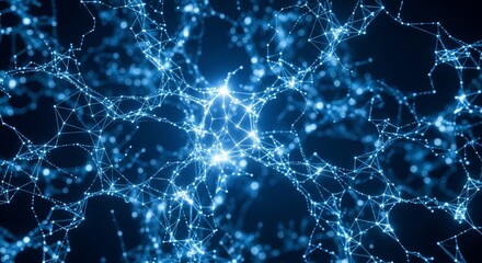 Abstract Blue Neural Network Structure with Glowing Synapses and Digital Data Connections for AI and Deep Learning Technology