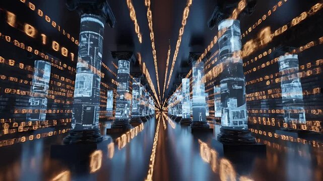 Digital Matrix corridor with glowing binary code and pillars