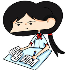 Cute Student Girl Writing and Studying at Desk Vector Illustration