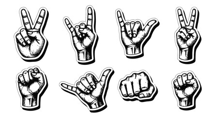 Fototapeta premium Trendy halftone hand gesture collage set with peace sign